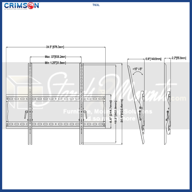 Crimson Extra Large Tilt TV Wall Mount T63L, tilting wall mount dimensions diagram