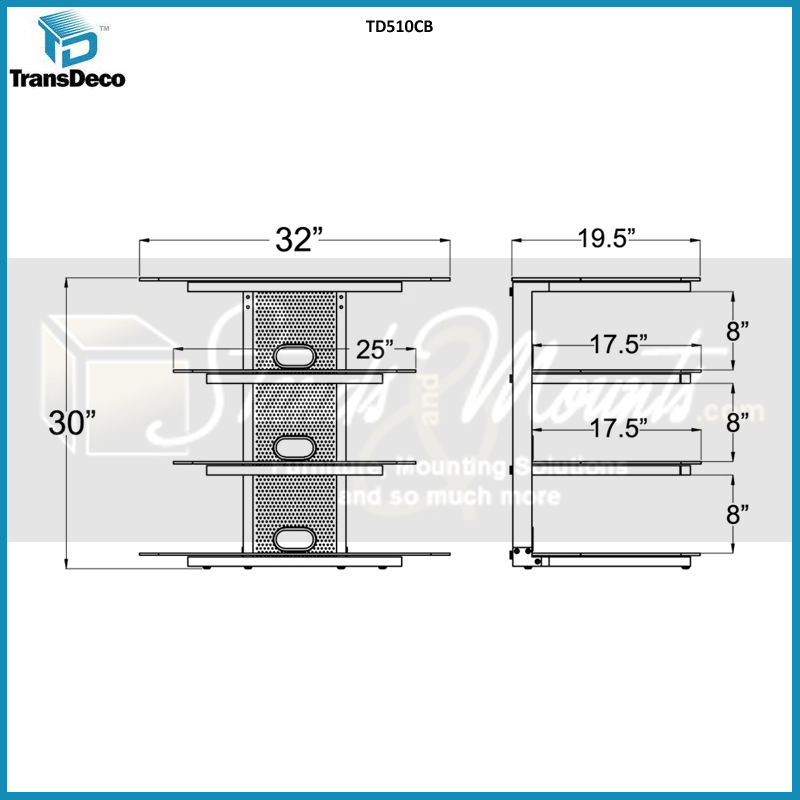 TransDeco Multifunction Audio Stand for 22-35 Flat Screen TVs TD510CB, product dimensions diagram