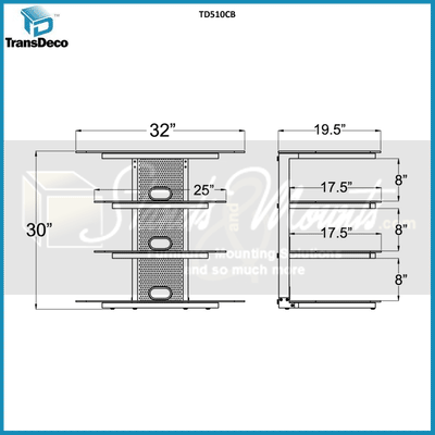TransDeco Multifunction Audio Stand for 22-35 Flat Screen TVs TD510CB, product dimensions diagram