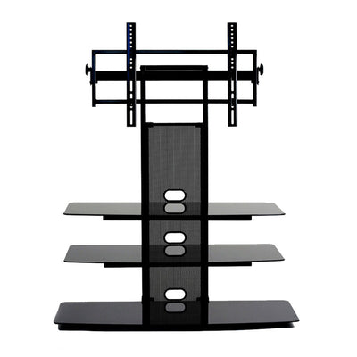 TransDeco Black Glass TV Stand for 32-80 inch Screens TD550HB, TV floor stand front view with shelves