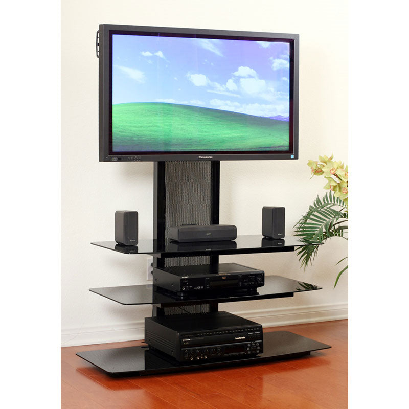 TransDeco Black Glass TV Stand for 32-80 inch Screens TD550HB, TV floor stand installed living room view