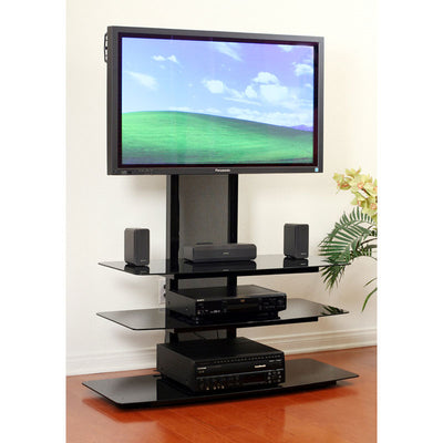 TransDeco Black Glass TV Stand for 32-80 inch Screens TD550HB, TV floor stand installed living room view
