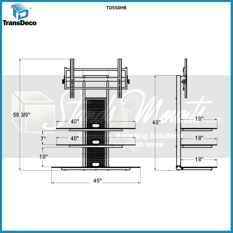 TransDeco Black Glass TV Stand for 32-80 inch Screens TD550HB, TV floor stand dimensions diagram