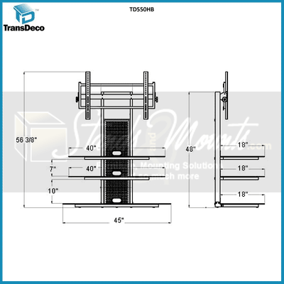 TransDeco Black Glass TV Stand for 32-80 inch Screens TD550HB, TV floor stand dimensions diagram