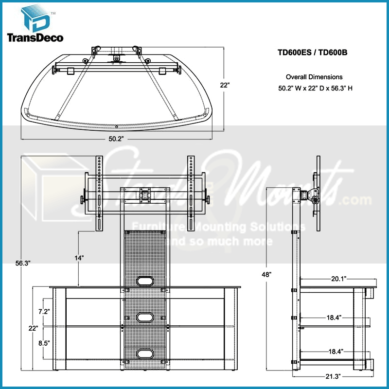 TransDeco Glass TV Stand with Mount for 35 to 80 inch Screens TD600DB, TV console and integrated mount technical dimensions