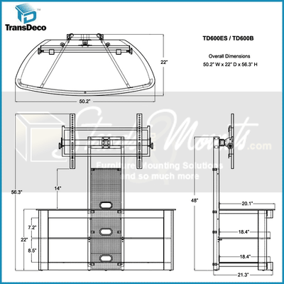 TransDeco Glass TV Stand with Mount for 35 to 80 inch Screens TD600DB, TV console and integrated mount technical dimensions