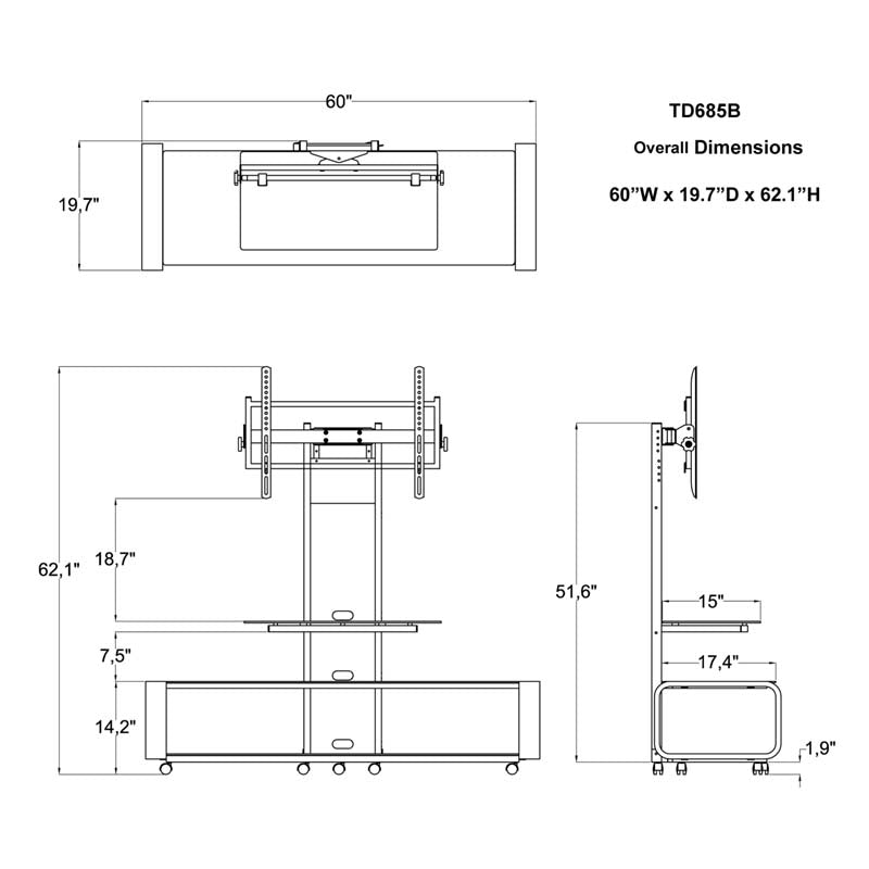 TransDeco Curved TV Stand with Universal Mounting System TD685B, TV stand with media console technical dimensions