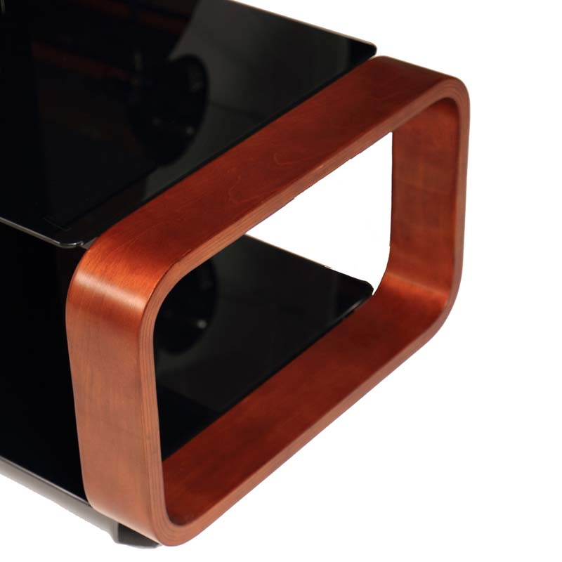TransDeco Curved TV Stand with Universal Mounting System TD685DB, TV stand curved wood corner close-up
