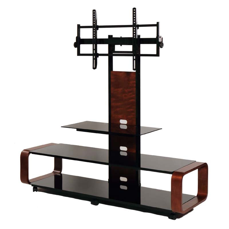 TransDeco Curved TV Stand with Universal Mounting System TD685DB, wood and black TV stand front three-quarter view