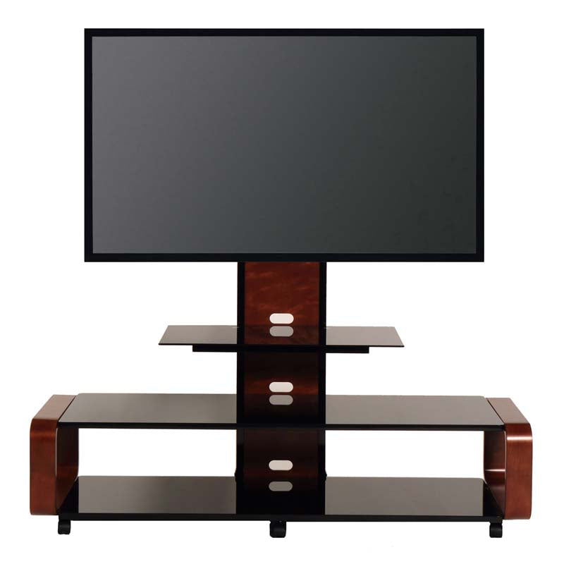 TransDeco Curved TV Stand with Universal Mounting System TD685DB, wood and black TV stand with television front view