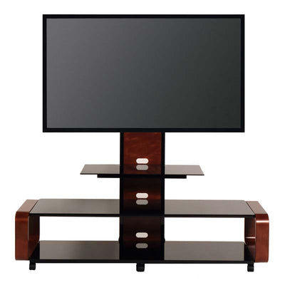 TransDeco Curved TV Stand with Universal Mounting System TD685DB, wood and black TV stand with television front view