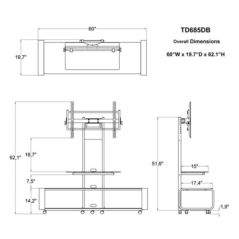 TransDeco Curved TV Stand with Universal Mounting System TD685DB, TV stand technical dimensions diagram