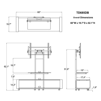 TransDeco Curved TV Stand with Universal Mounting System TD685DB, TV stand technical dimensions diagram