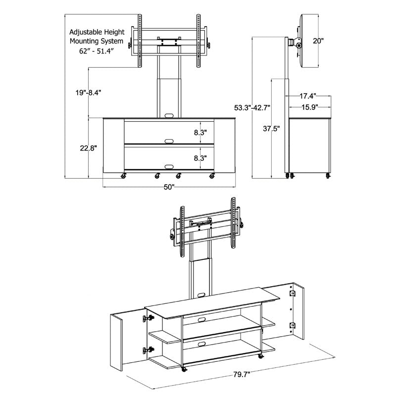 TransDeco Multimedia Cabinet TV Stand TD987B, TV console and adjustable mount technical dimensions