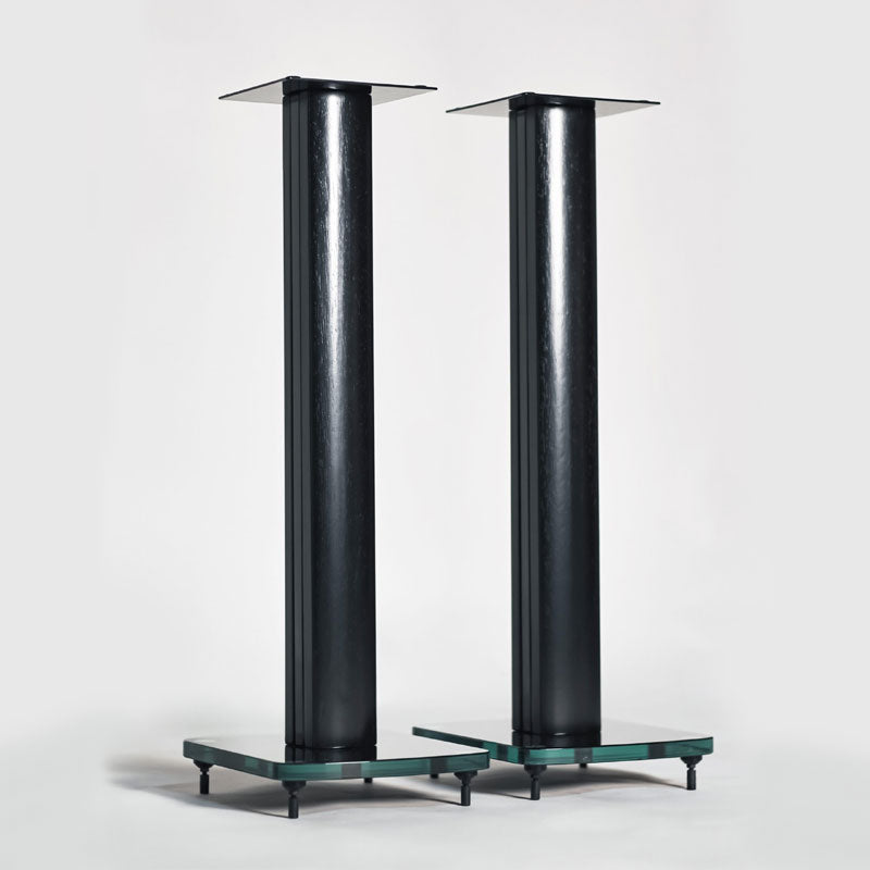TransDeco 30 inch Tempered Glass and Steel Speaker Stands TD30B, pair of black speaker stands front three-quarter view