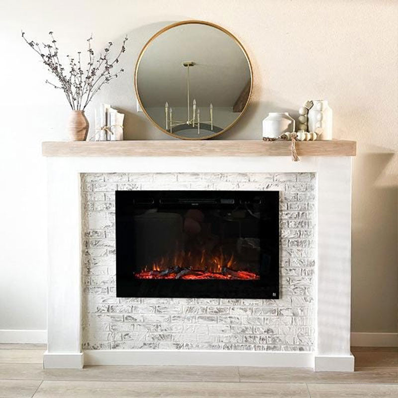 Touchstone Forte Recessed Smart Electric Fireplace 80006, electric fireplace installed in white brick surround