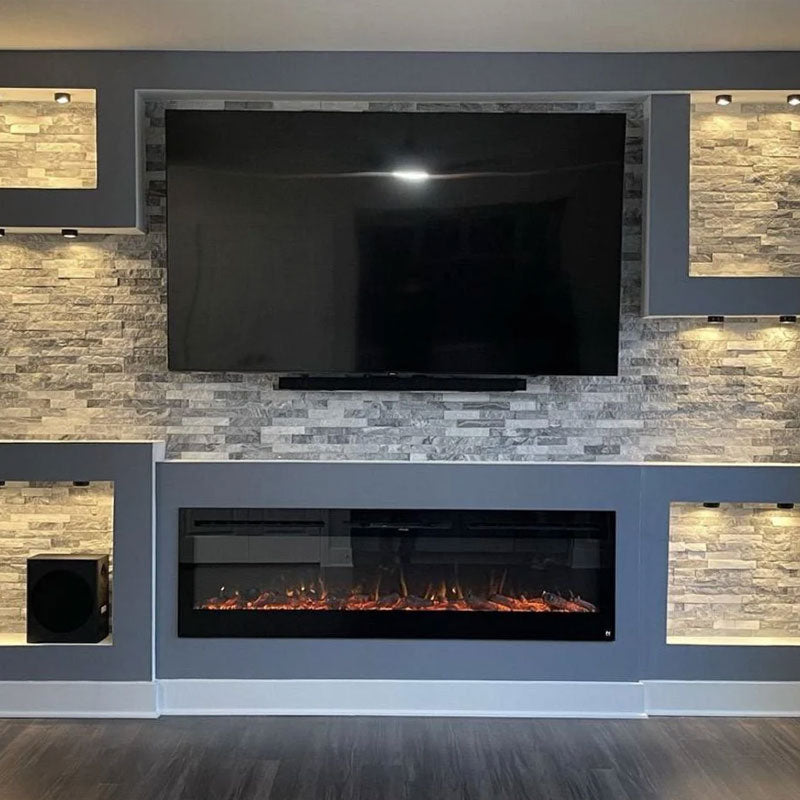 Touchstone Sideline Recessed Smart Electric Fireplace 80015, electric fireplace installed below TV