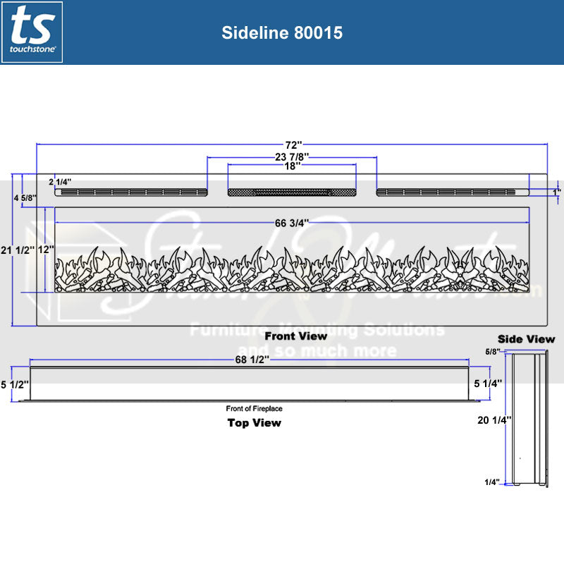 Touchstone Sideline Recessed Smart Electric Fireplace 80015, electric fireplace technical dimensions