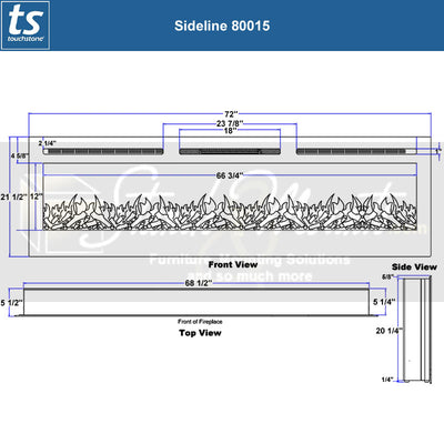 Touchstone Sideline Recessed Smart Electric Fireplace 80015, electric fireplace technical dimensions