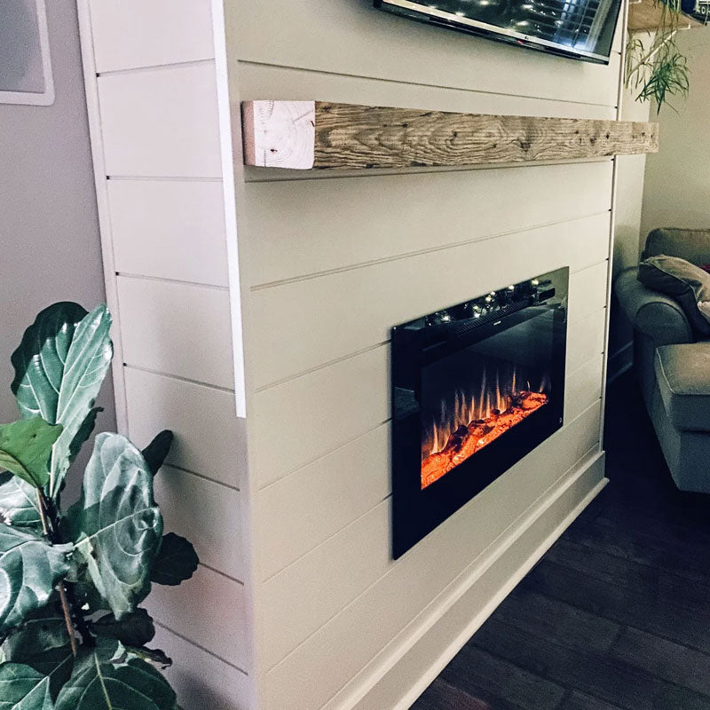 Touchstone Sideline Recessed Smart Electric Fireplace 80027, electric fireplace installed shiplap wall view