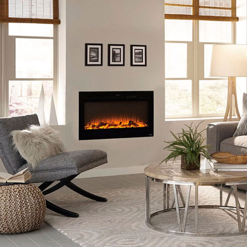 Touchstone Sideline Recessed Smart Electric Fireplace 80027, electric fireplace installed living room view