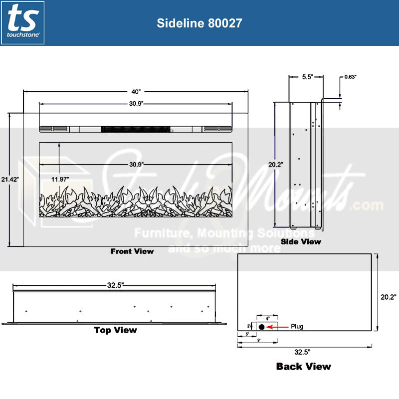 Touchstone Sideline Recessed Smart Electric Fireplace 80027, electric fireplace dimensions diagram