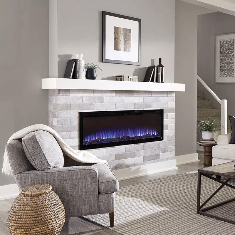 Touchstone Sideline Elite Recessed Smart Electric Fireplace 80037, electric fireplace installed below mantel