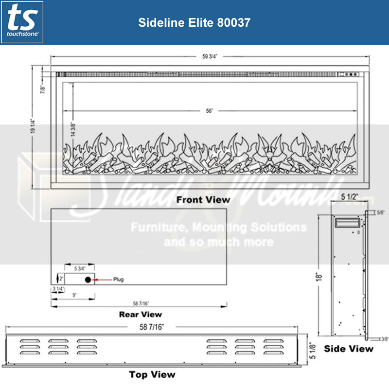 Touchstone Sideline Elite Recessed Smart Electric Fireplace 80037, linear electric fireplace technical dimensions diagram