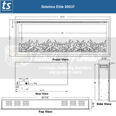 Touchstone Sideline Elite Recessed Smart Electric Fireplace 80037, linear electric fireplace technical dimensions diagram