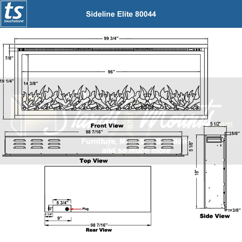 Touchstone Sideline Elite Recessed Smart Electric Fireplace 80044, linear electric fireplace dimensions diagram