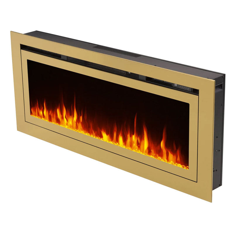Touchstone Sideline Deluxe Rec Smart Electric Fireplace 86276, brass-framed electric fireplace, front perspective