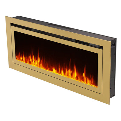 Touchstone Sideline Deluxe Rec Smart Electric Fireplace 86276, brass-framed electric fireplace, front perspective