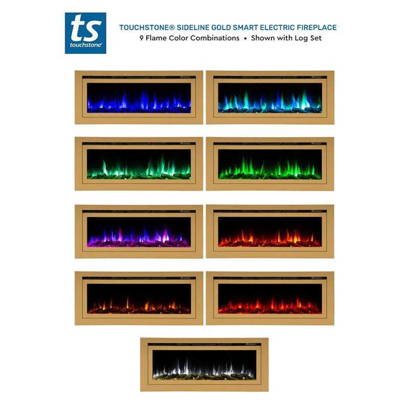 Touchstone Sideline Deluxe Rec Smart Electric Fireplace 86278, gold electric fireplace flame and log color combinations