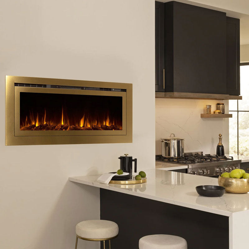 Touchstone Sideline Deluxe Rec Smart Electric Fireplace 86278, gold electric fireplace installed kitchen view