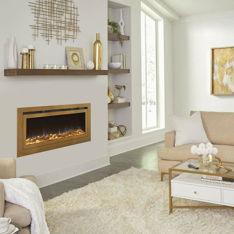 Touchstone Sideline Deluxe Rec Smart Electric Fireplace 86278, gold electric fireplace installed sitting room view