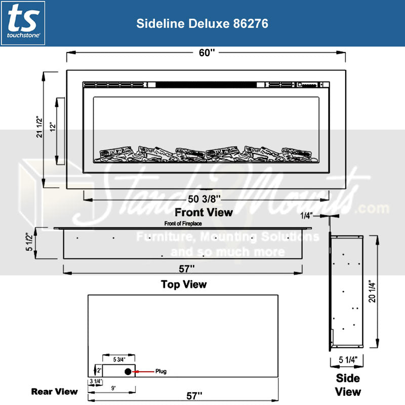 Touchstone Sideline Deluxe Rec Smart Electric Fireplace 86276, electric fireplace dimensions diagram