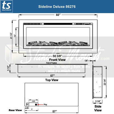 Touchstone Sideline Deluxe Rec Smart Electric Fireplace 86276, electric fireplace dimensions diagram