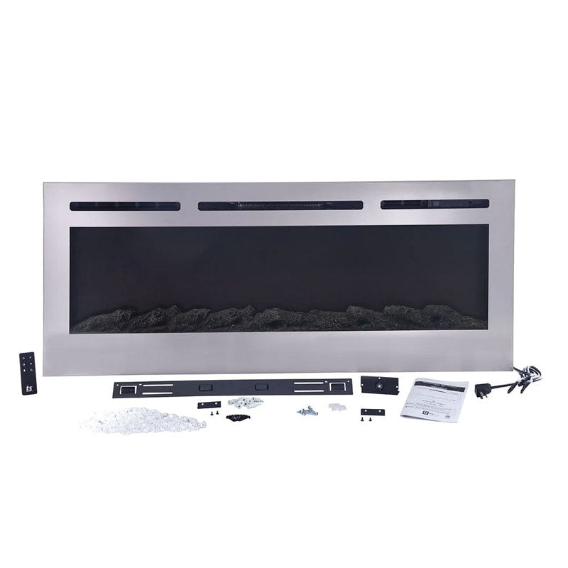 Touchstone Sideline DLX Rec Smart Electric Fireplace 86279, stainless electric fireplace with accessories front view