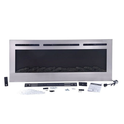 Touchstone Sideline DLX Rec Smart Electric Fireplace 86279, stainless electric fireplace with accessories front view