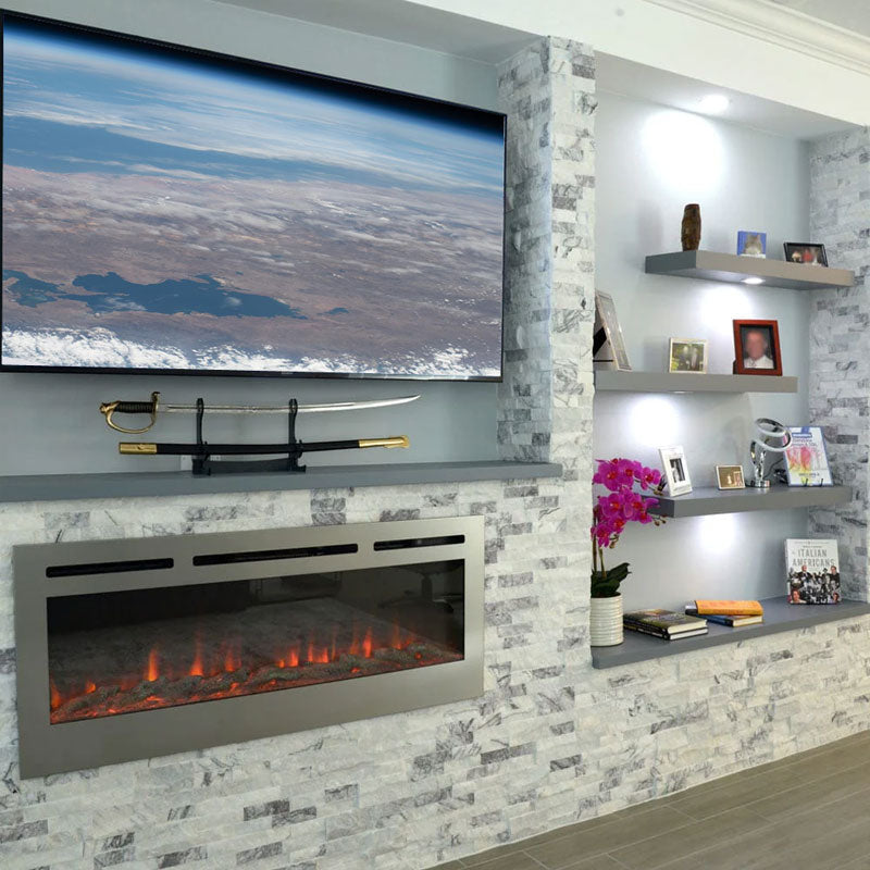 Touchstone Sideline DLX Rec Smart Electric Fireplace 86279, electric fireplace installed entertainment wall view