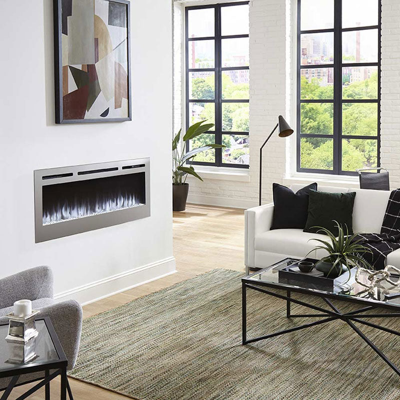 Touchstone Sideline DLX Rec Smart Electric Fireplace 86279, electric fireplace installed white-flame living room view