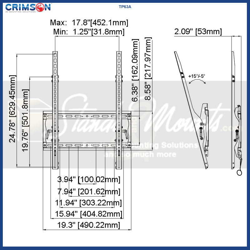 Crimson XL Tilt TV Wall Mount TP63A, wall mount technical dimensions diagram