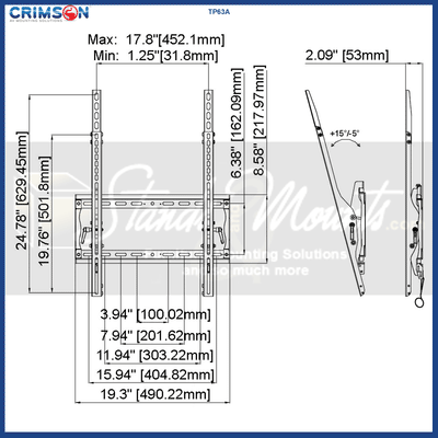 Crimson XL Tilt TV Wall Mount TP63A, wall mount technical dimensions diagram