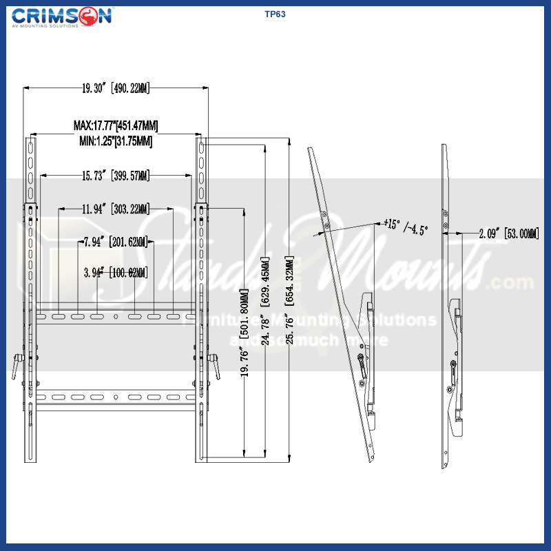 Crimson Extra Large Tilt TV Wall Mount TP63, tilting wall mount technical dimensions diagram