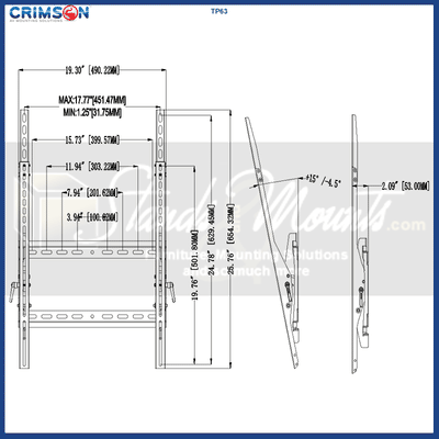 Crimson Extra Large Tilt TV Wall Mount TP63, tilting wall mount technical dimensions diagram