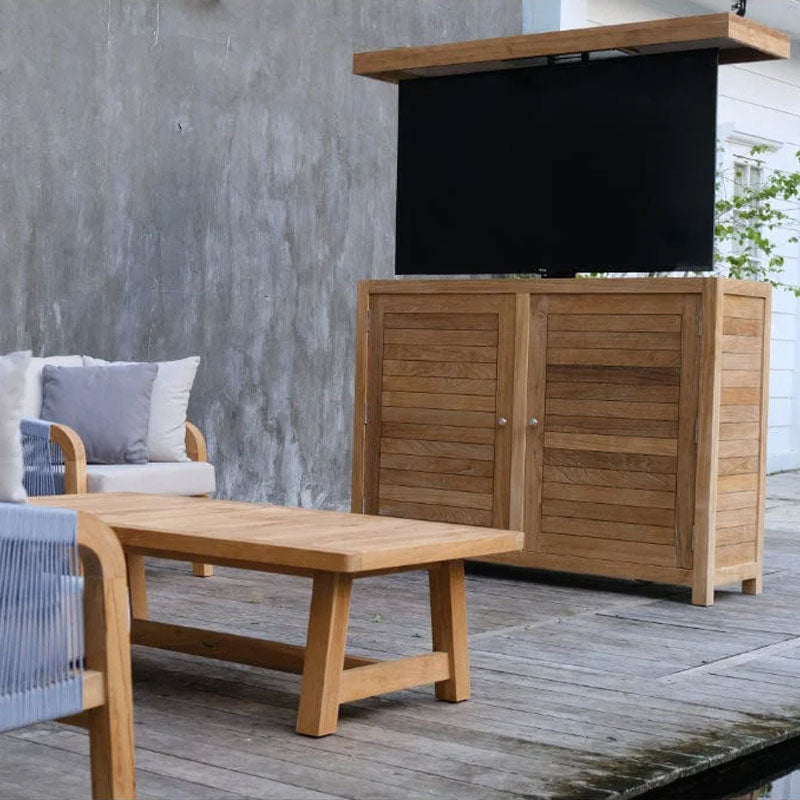 Touchstone TechTeak Outdoor Smart TV Lift Cabinet 70067, outdoor TV lift cabinet installed beside patio furniture