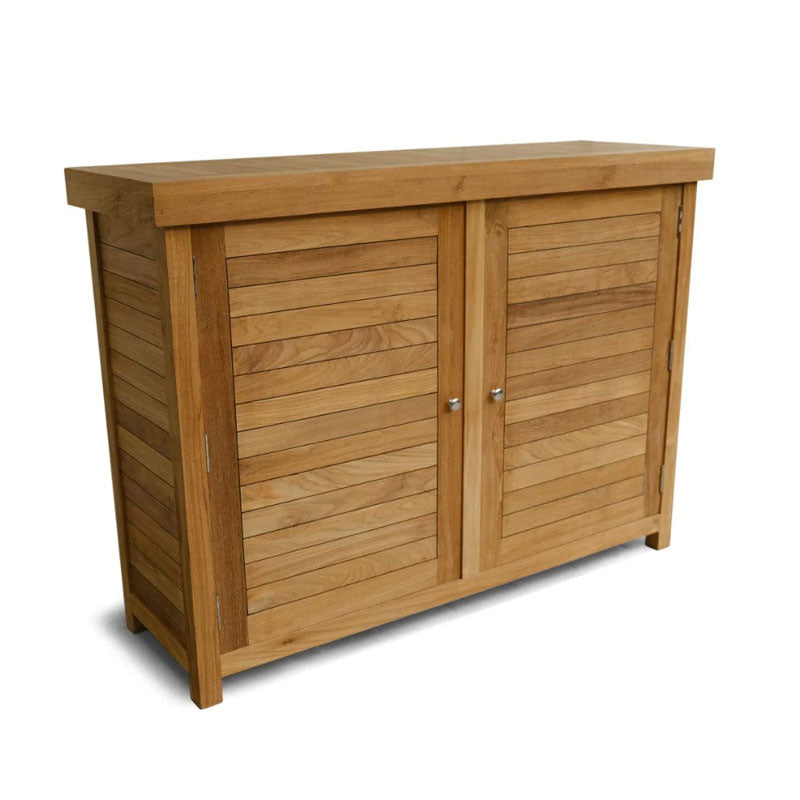 Touchstone TechTeak Outdoor Smart TV Lift Cabinet 70067, wood outdoor TV lift cabinet in a front three-quarter view