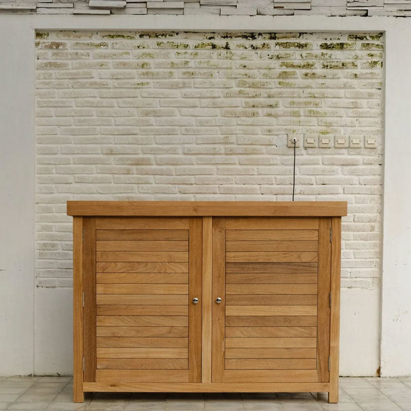 Touchstone TechTeak Outdoor Smart TV Lift Cabinet 70067, wood outdoor TV lift cabinet staged against a brick wall