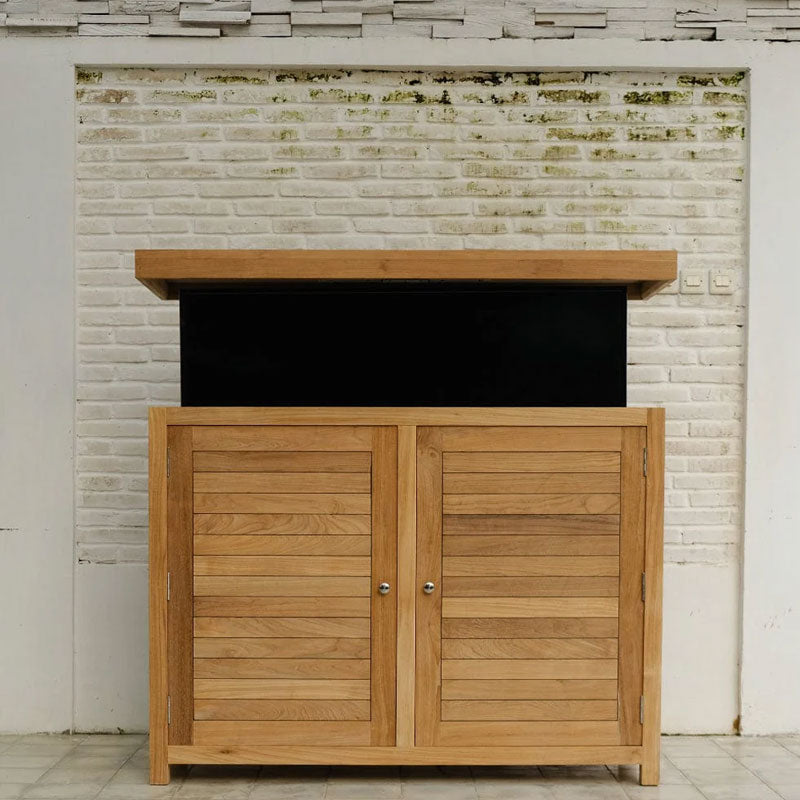 Touchstone TechTeak Outdoor Smart TV Lift Cabinet 70067, TV partially raised from the outdoor lift cabinet