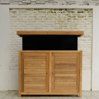 Touchstone TechTeak Outdoor Smart TV Lift Cabinet 70067, TV partially raised from the outdoor lift cabinet